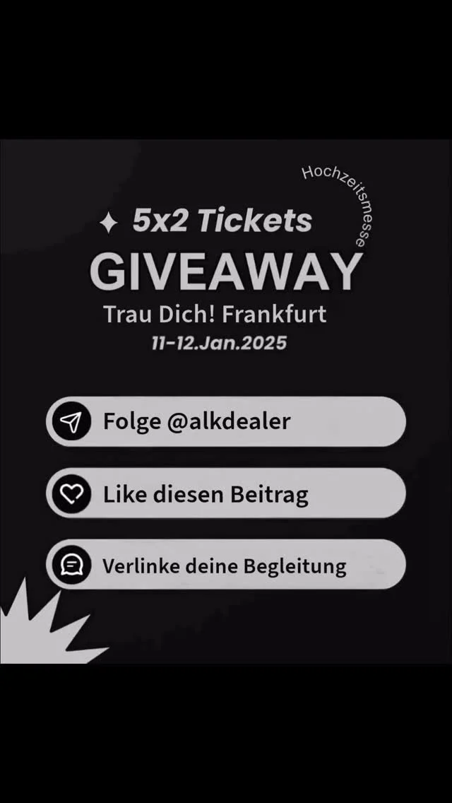 🎉 Neujahrs-Gewinnspiel: Gewinne 5x2 Freikarten für die Trau Dich Hochzeitsmesse in Frankfurt! 💍✨
Neues Jahr, neue Chancen – und vielleicht auch deine Traumhochzeit? 💖 Wir starten 2025 mit einem besonderen Gewinnspiel: Sichere dir und deiner Begleitung den Eintritt zur Trau Dich Hochzeitsmesse in Frankfurt!

🌟 Entdecke die neuesten Trends, Ideen und Inspirationen für deinen großen Tag. Ob Hochzeitstorte, Deko oder Hochzeitslocation – auf der Messe findest du alles, was dein Herz begehrt!

So machst du mit:
1️⃣ Folge uns @alkdealer
2️⃣ Like diesen Beitrag ❤️
3️⃣ Markiere in den Kommentaren die Person, die du mitnehmen möchtest 👰‍♀️🤵‍♂️

📅 Teilnahmeschluss: 05.01.2025, 23:59 Uhr
📍 Die Messe findet statt: 11. + 12. Januar 2025, Messe Frankfurt, Halle 1.2

🎁 Wir verlosen 5x2 Freikarten – die Gewinner werden am 06.01.2025 per DM benachrichtigt.

🚨 Rechtliches: Dieses Gewinnspiel steht in keiner Verbindung zu Instagram. Teilnahme ab 18 Jahren möglich.

✨ Startet euer Jahr mit Hochzeitsinspiration pur! Wir drücken euch die Daumen. 🥂

#NeujahrsGewinnspiel #Gewinnspiel2025 #Hochzeitsmesse #TrauDich #Hochzeit2025 #Frankfurt #WeddingPlanning #WeddingFair #Traumhochzeit #BrideToBe #WeddingDay #WeddingTrends #Hochzeitsplanung #Hochzeitsideen #BrideStyle #Hochzeitsliebe #WeddingCommunity #Gewinne #WeddingGoals